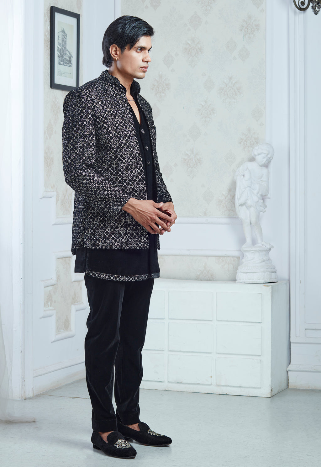 Embroidered Black Open Jacket And Bandi Set