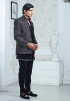 Embroidered Black Open Jacket And Bandi Set