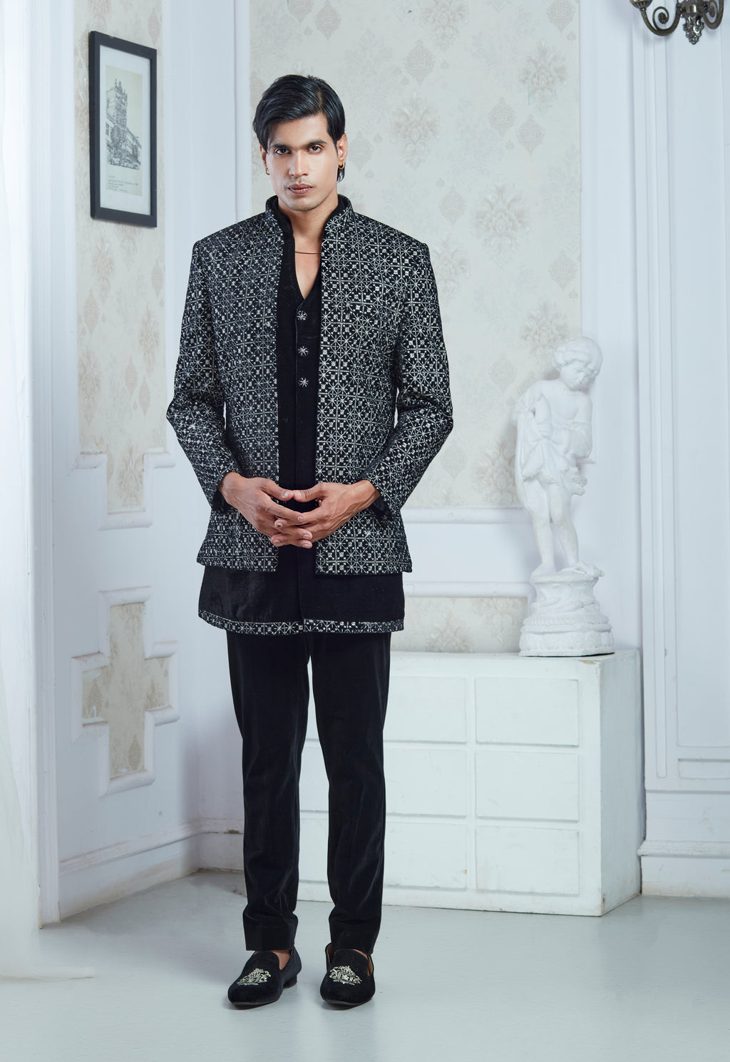 Embroidered Black Open Jacket And Bandi Set