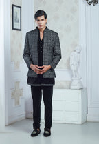 Embroidered Black Open Jacket And Bandi Set