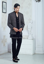 Embroidered Black Open Jacket And Bandi Set
