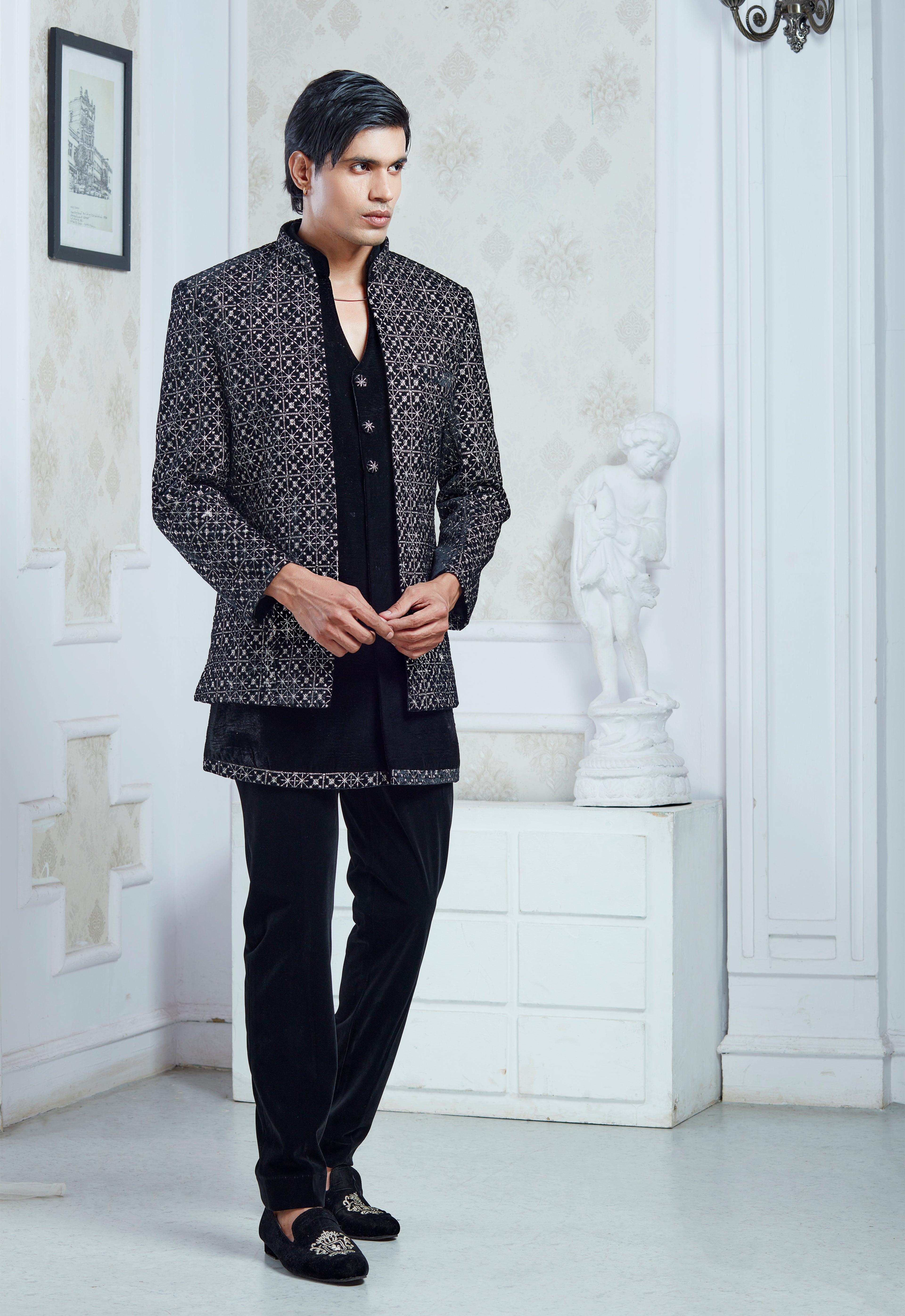 Embroidered Black Open Jacket And Bandi Set