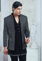 Embroidered Black Open Jacket And Bandi Set