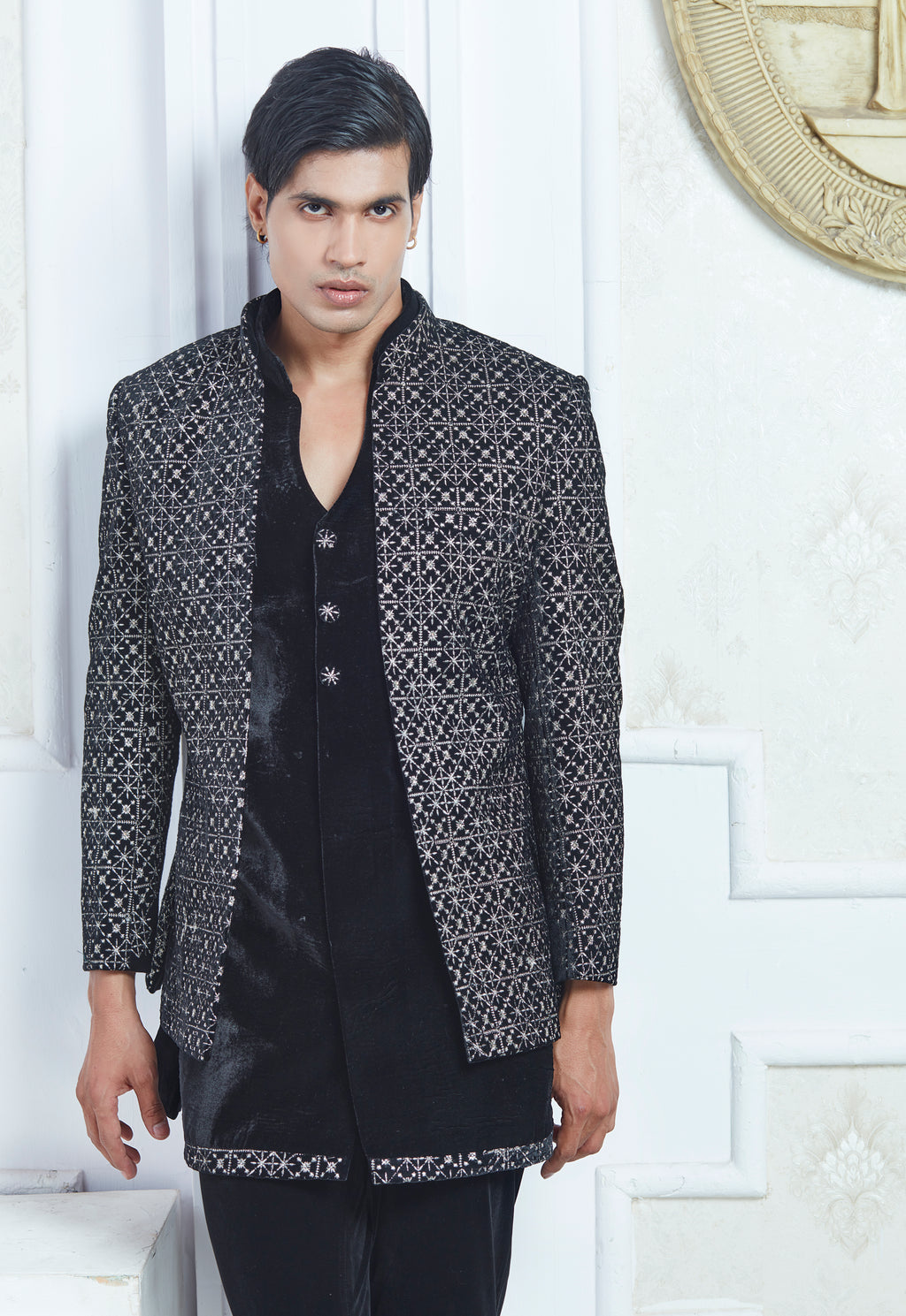 Embroidered Black Open Jacket And Bandi Set