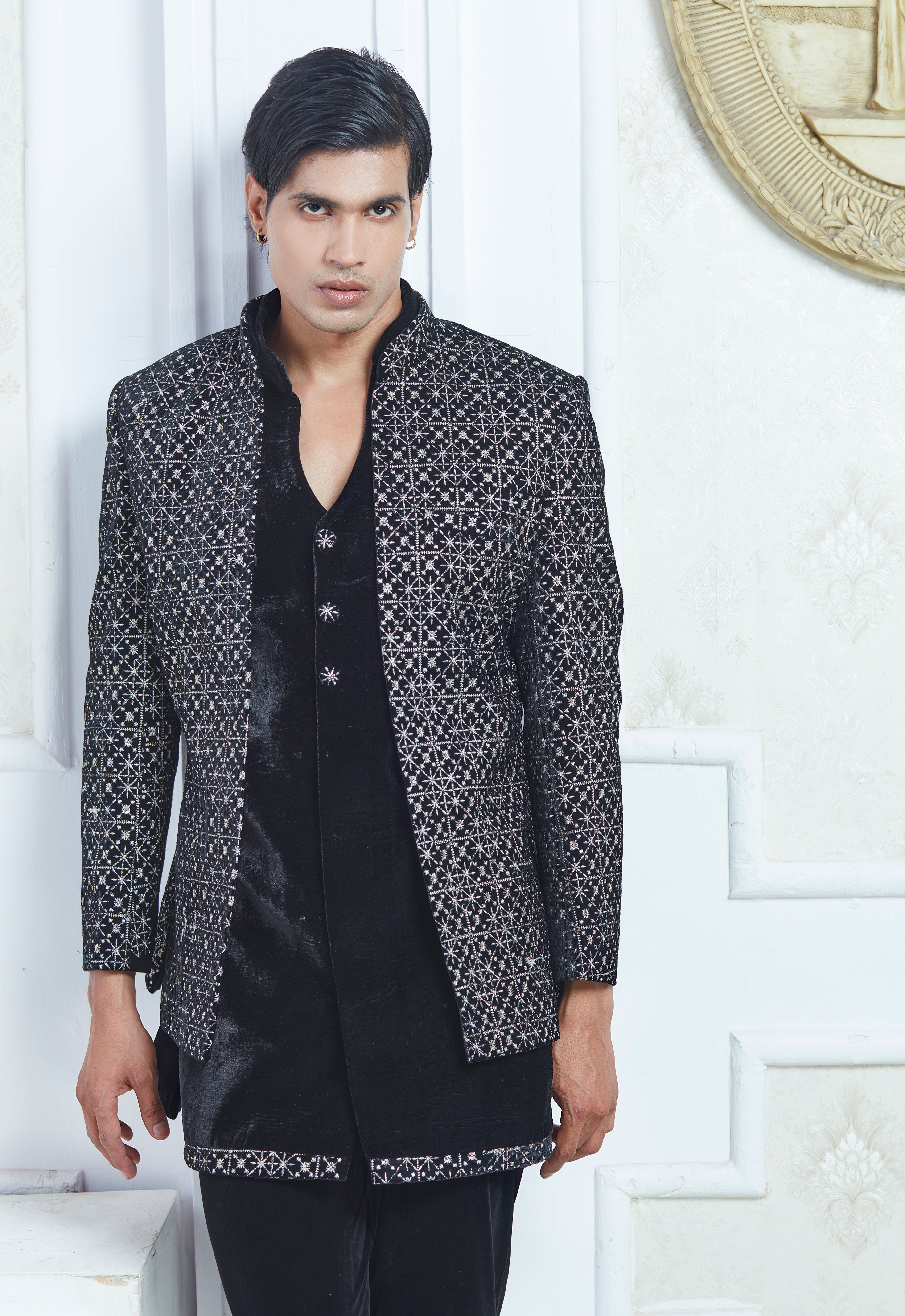 Embroidered Black Open Jacket And Bandi Set