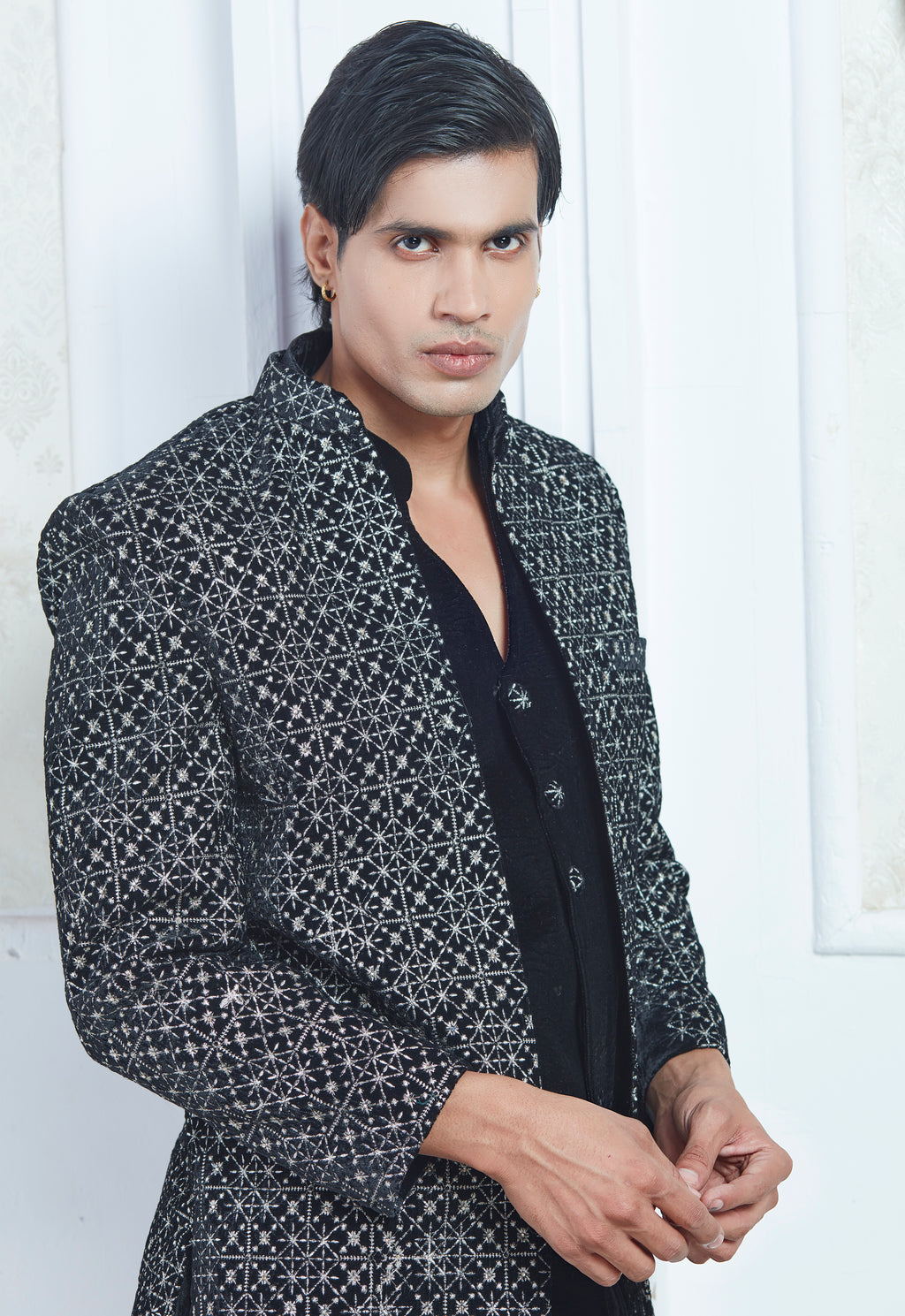 Embroidered Black Open Jacket And Bandi Set