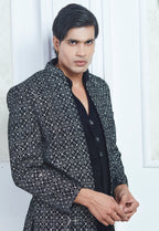 Embroidered Black Open Jacket And Bandi Set