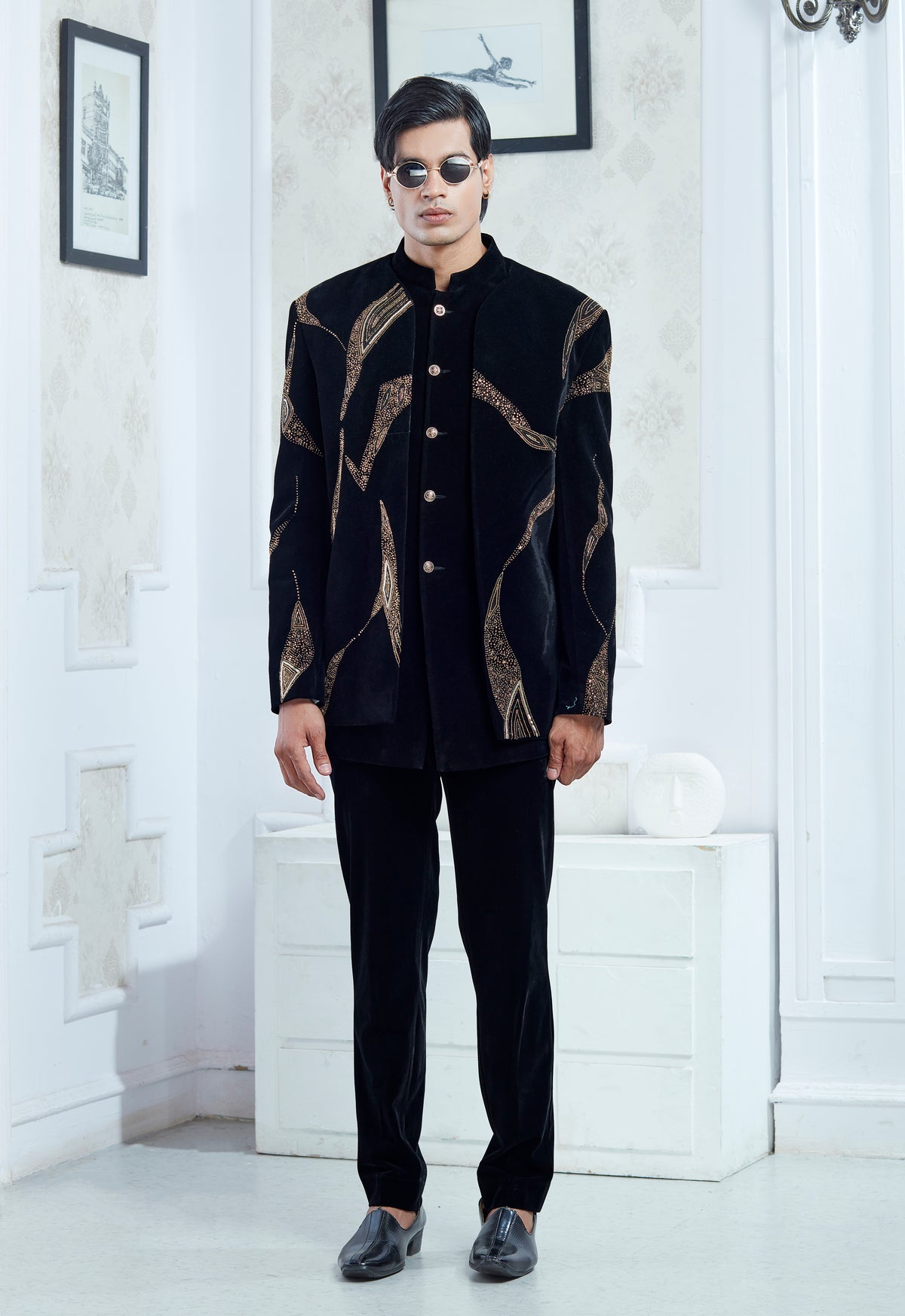 Embroidered Black Velvet Indowestern Set