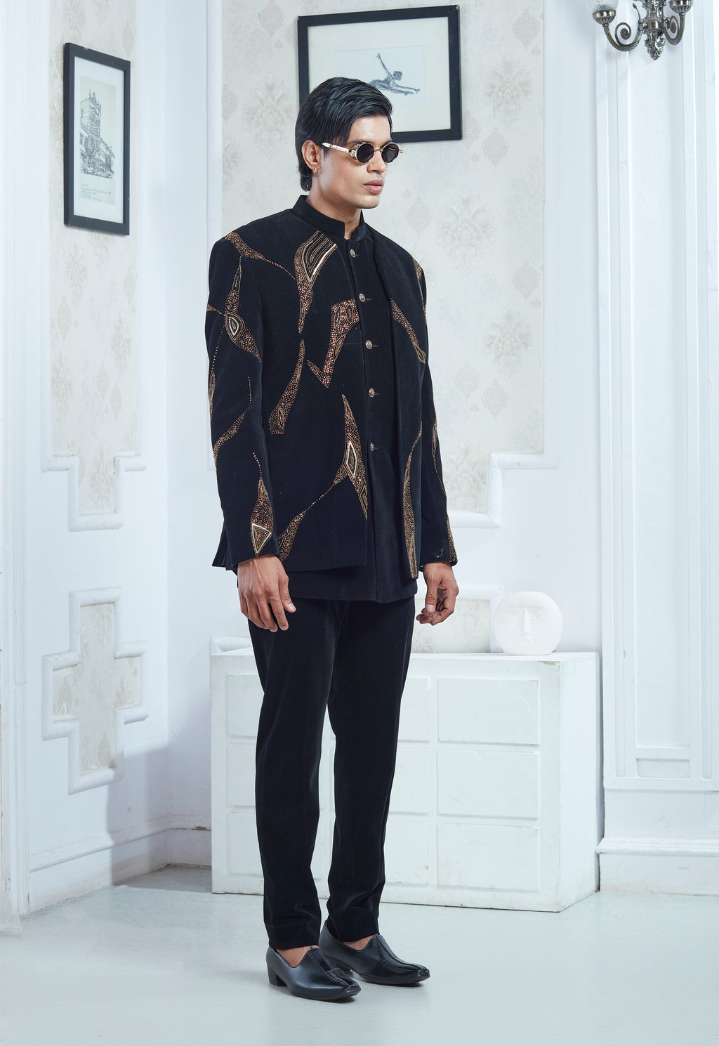 Embroidered Black Velvet Indowestern Set