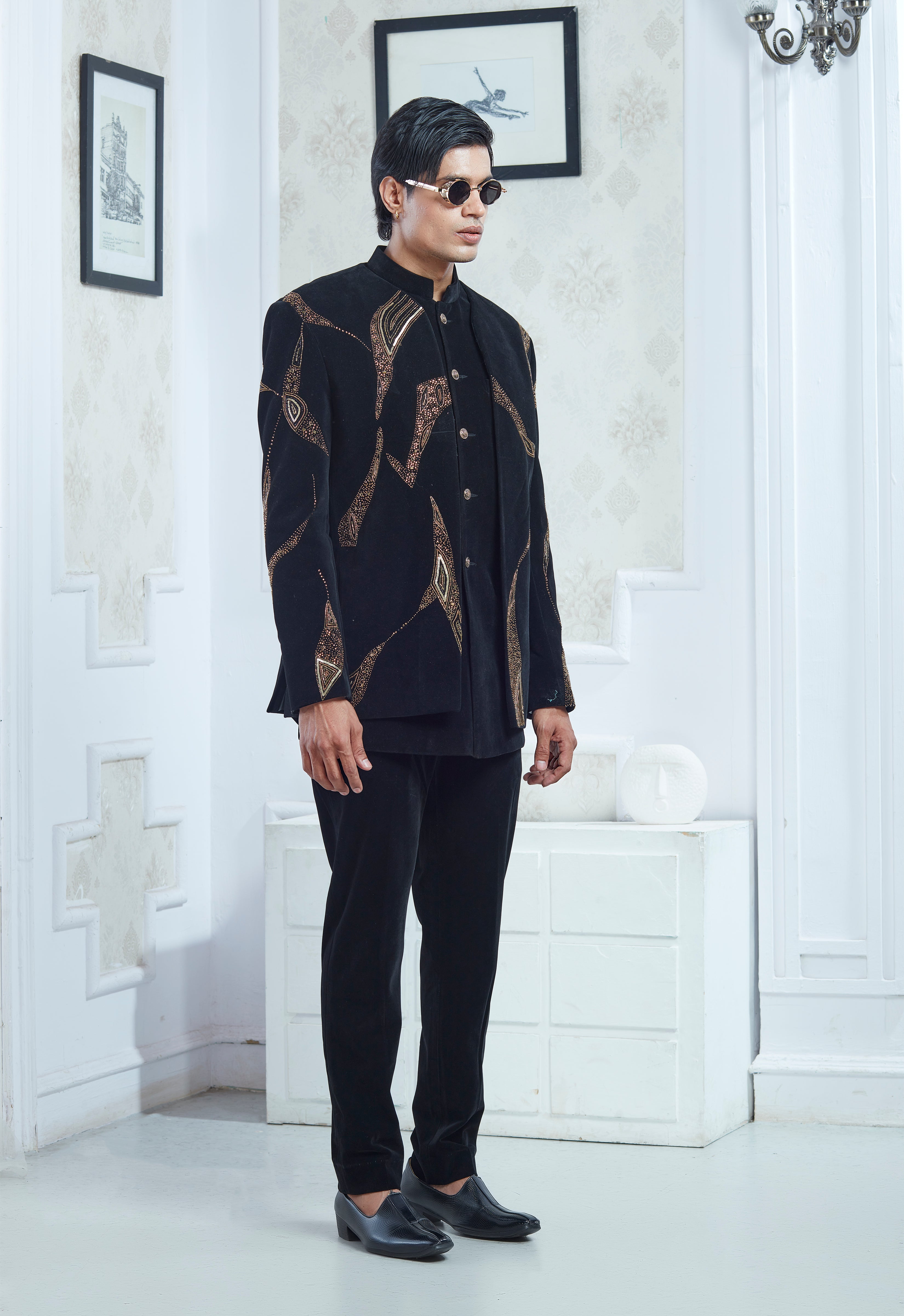 Embroidered Black Velvet Indowestern Set