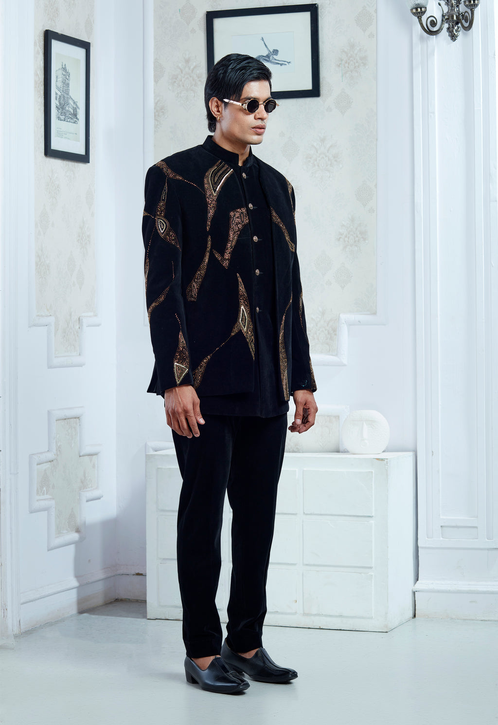 Embroidered Black Velvet Indowestern Set