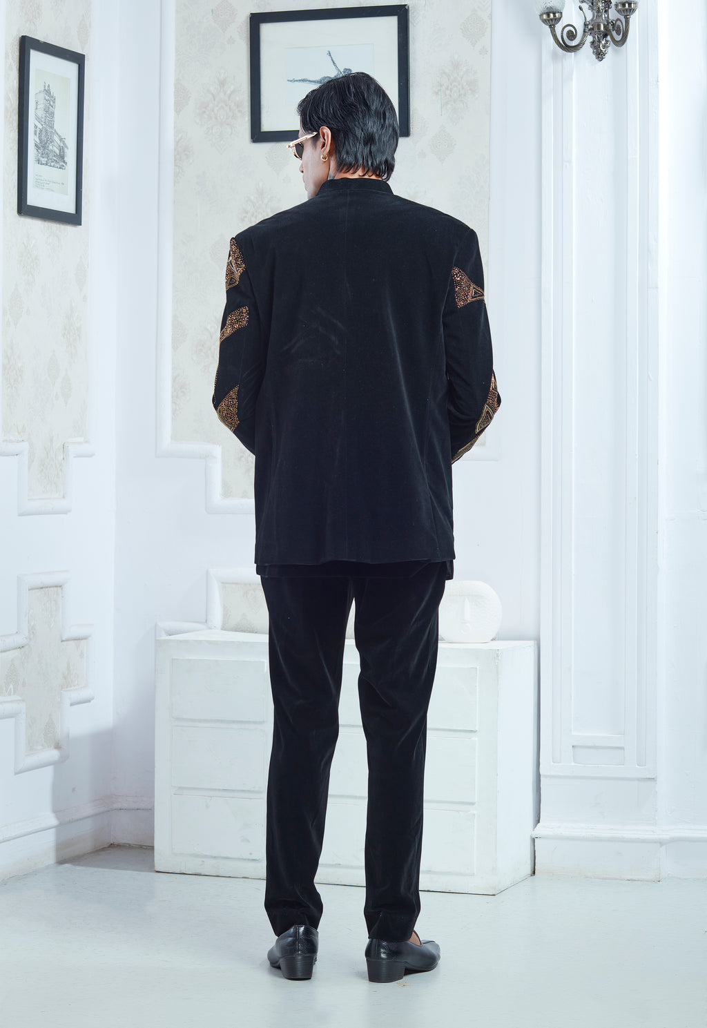 Embroidered Black Velvet Indowestern Set
