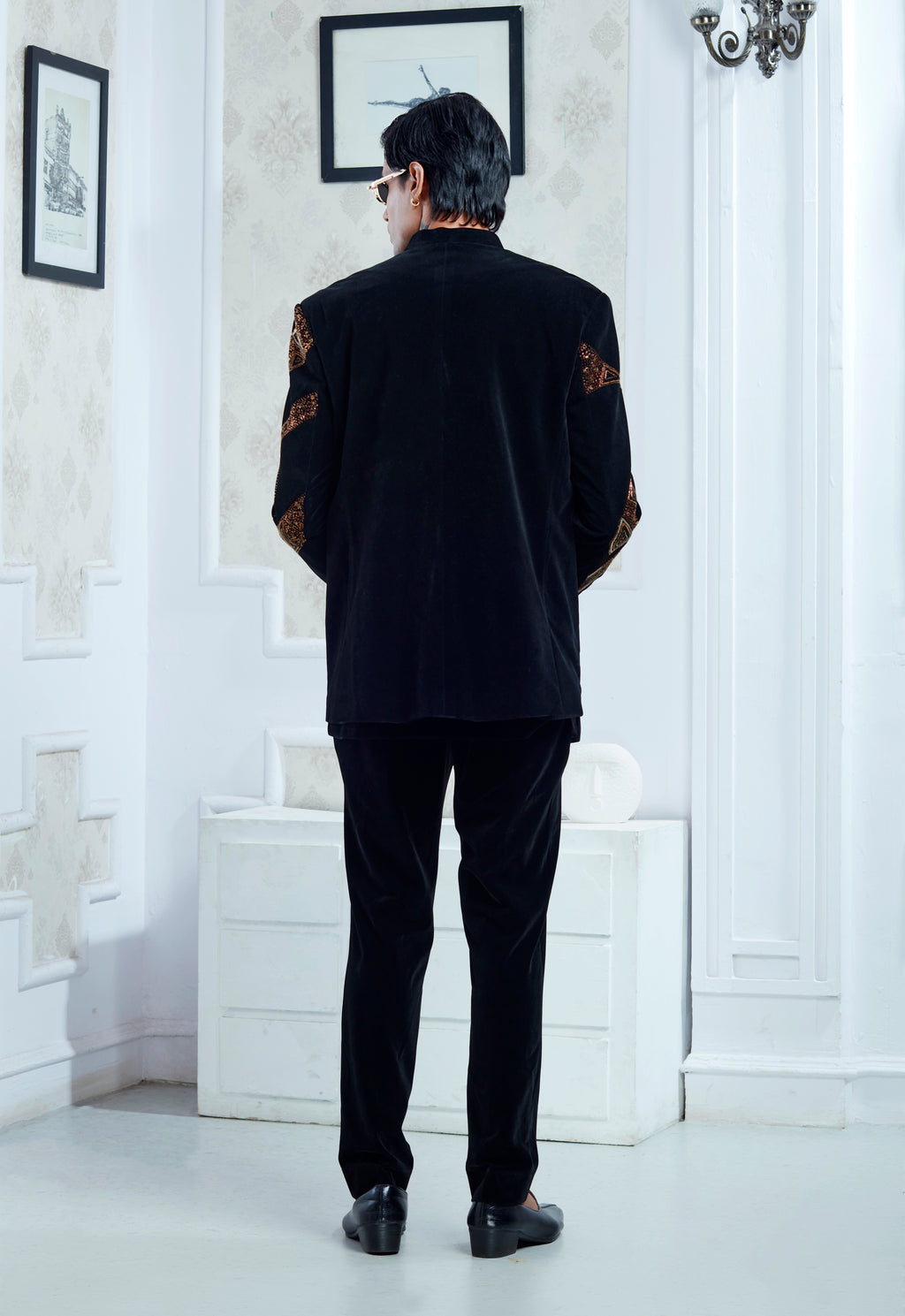Embroidered Black Velvet Indowestern Set