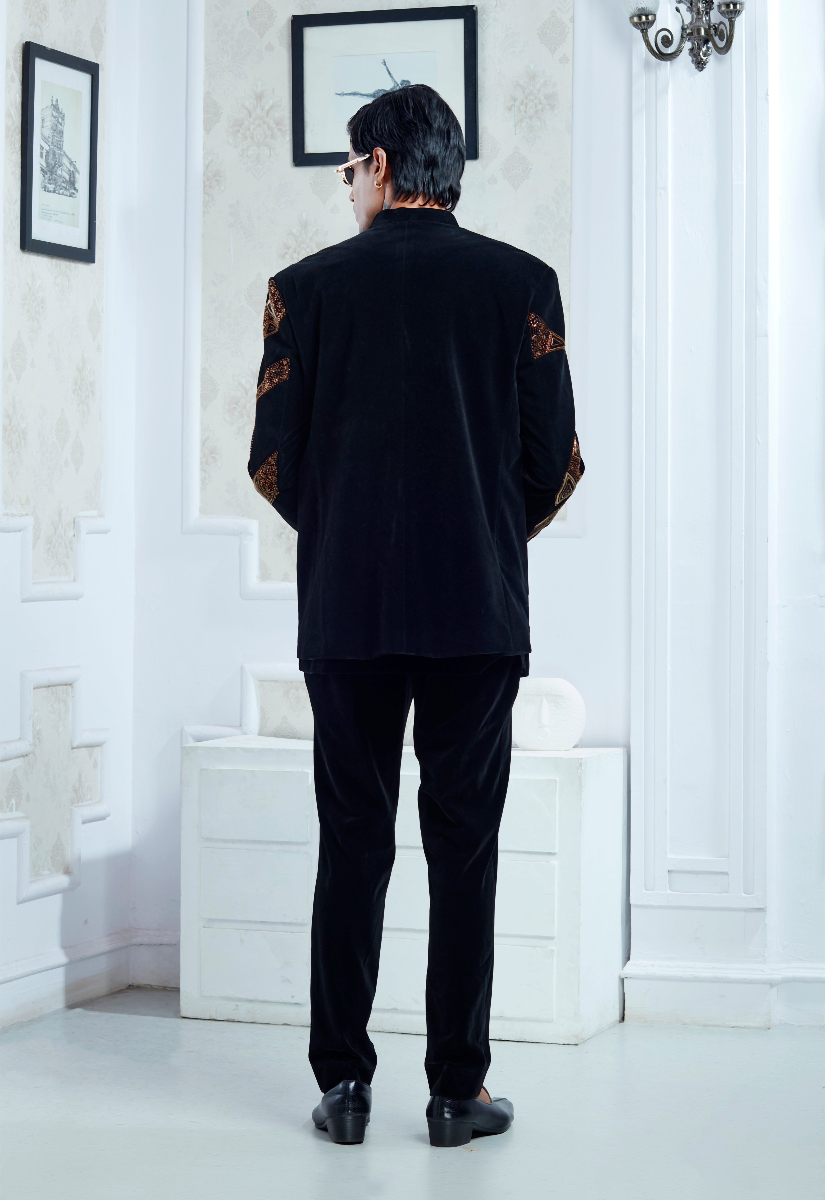 Embroidered Black Velvet Indowestern Set