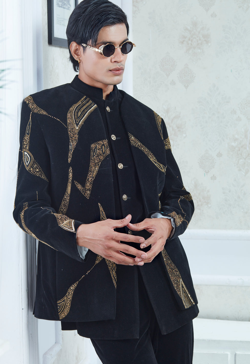 Embroidered Black Velvet Indowestern Set