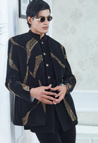 Embroidered Black Velvet Indowestern Set