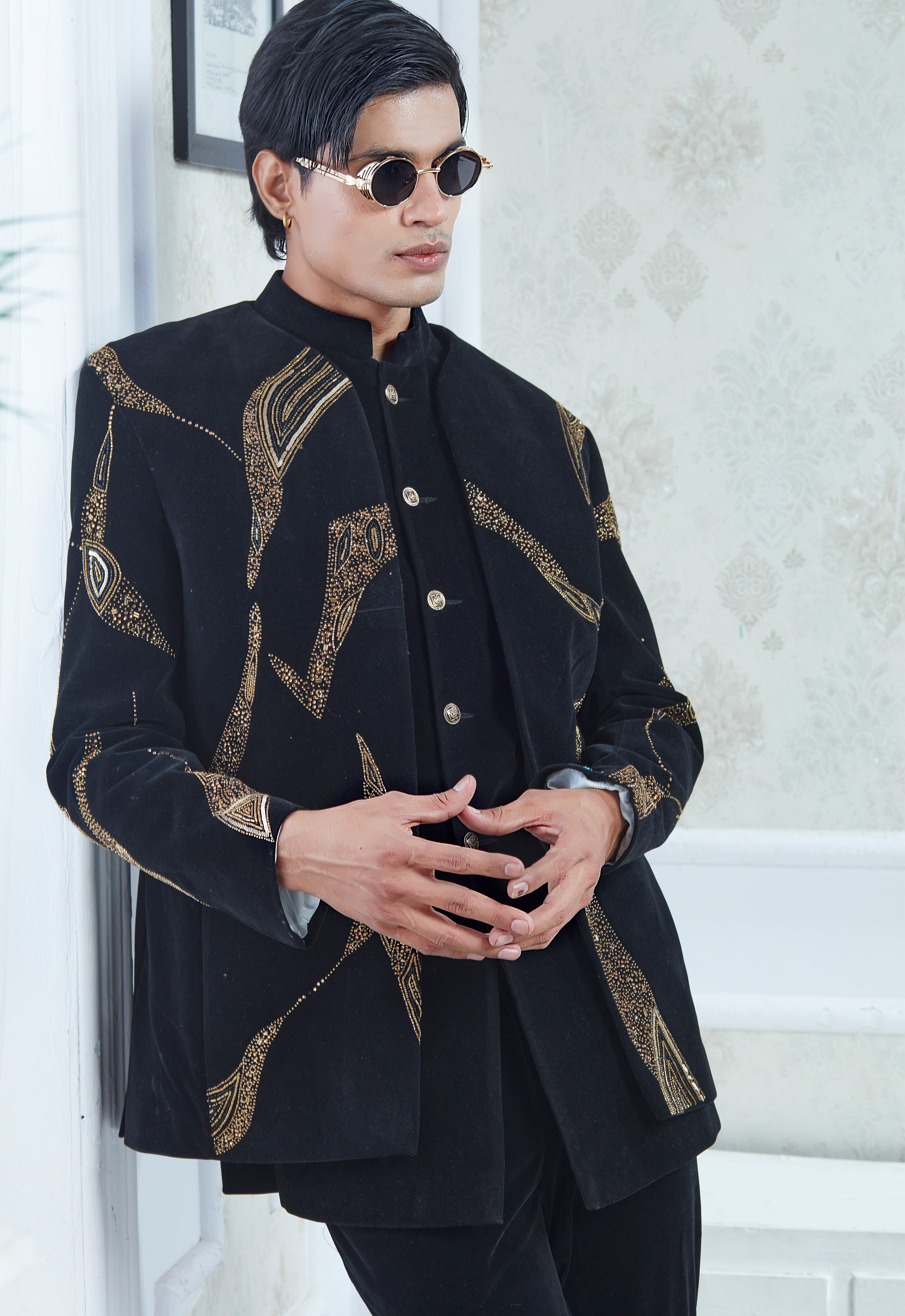 Embroidered Black Velvet Indowestern Set