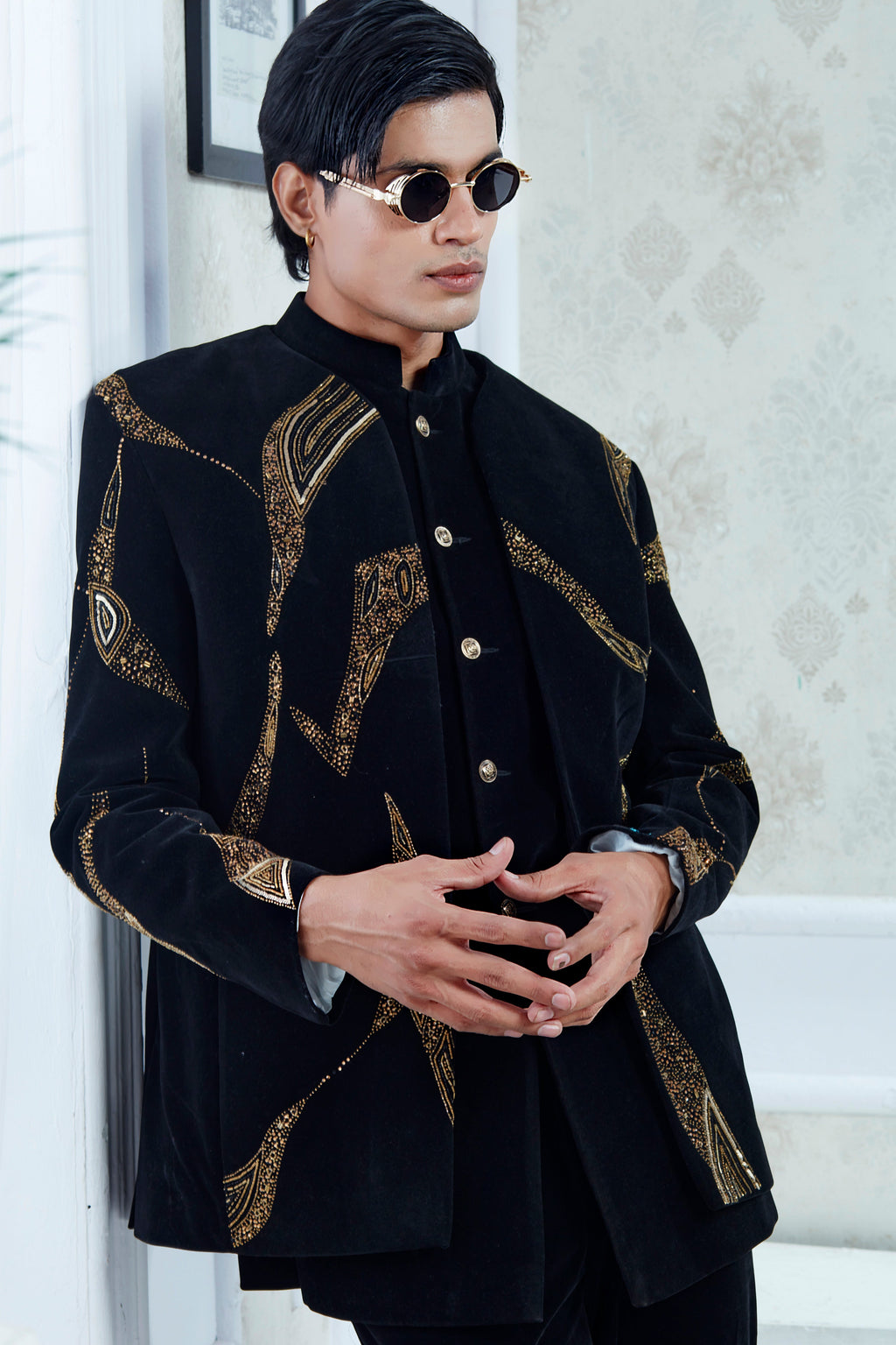 Embroidered Black Velvet Indowestern Set