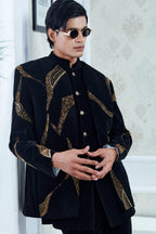 Embroidered Black Velvet Indowestern Set
