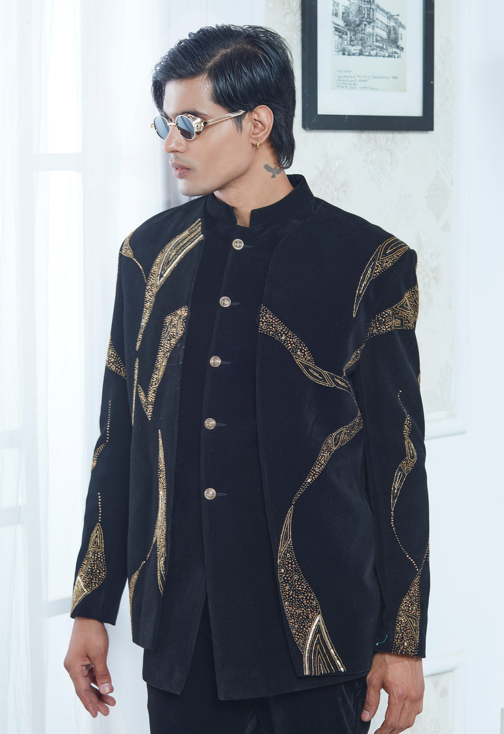 Embroidered Black Velvet Indowestern Set