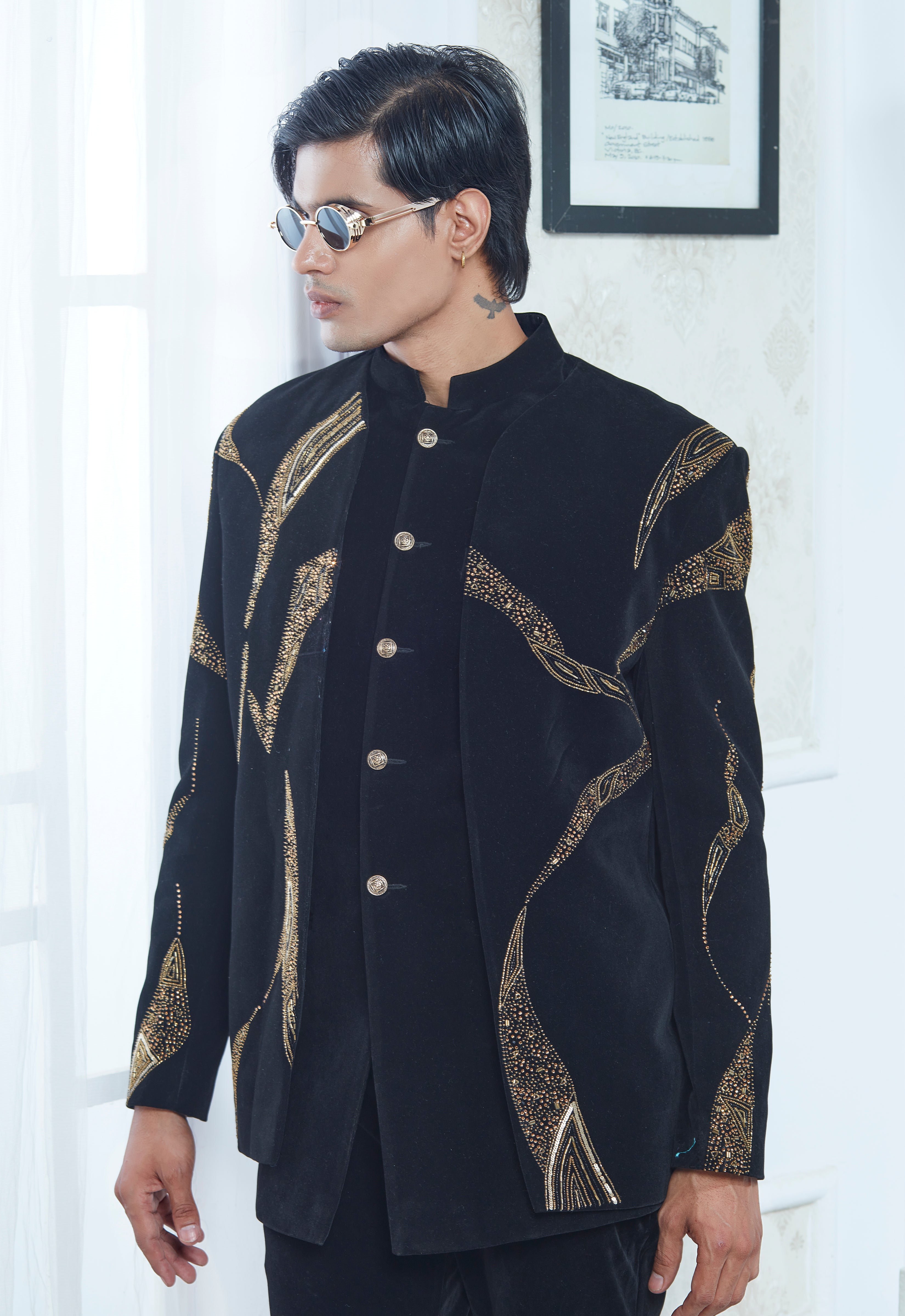 Embroidered Black Velvet Indowestern Set