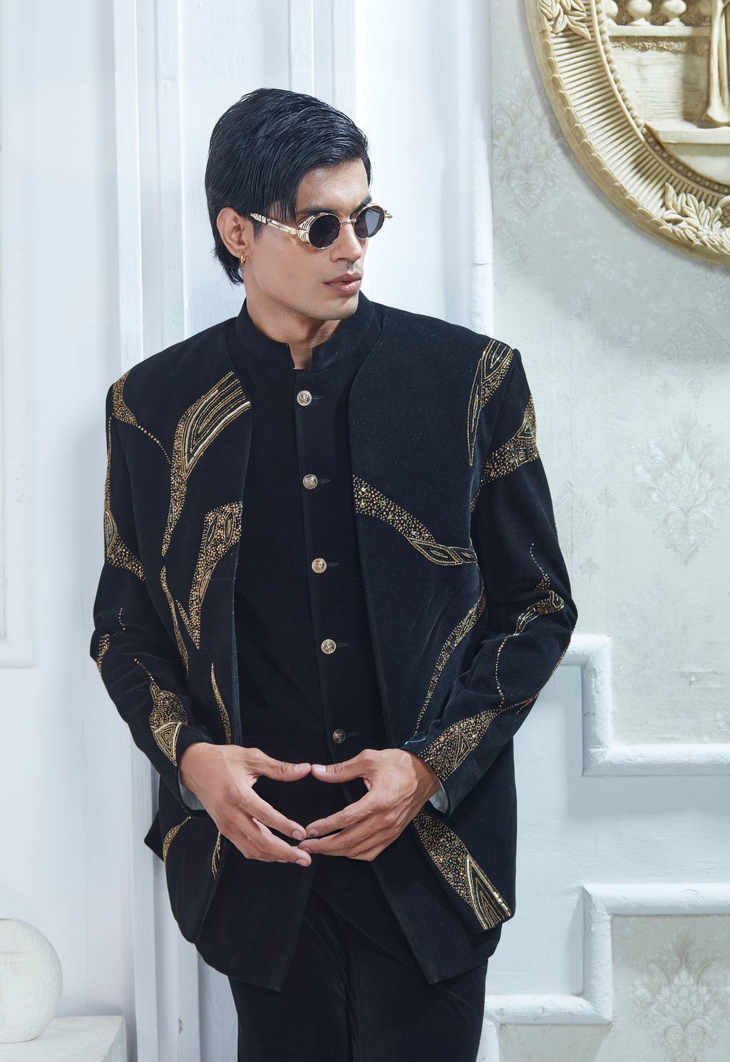 Embroidered Black Velvet Indowestern Set