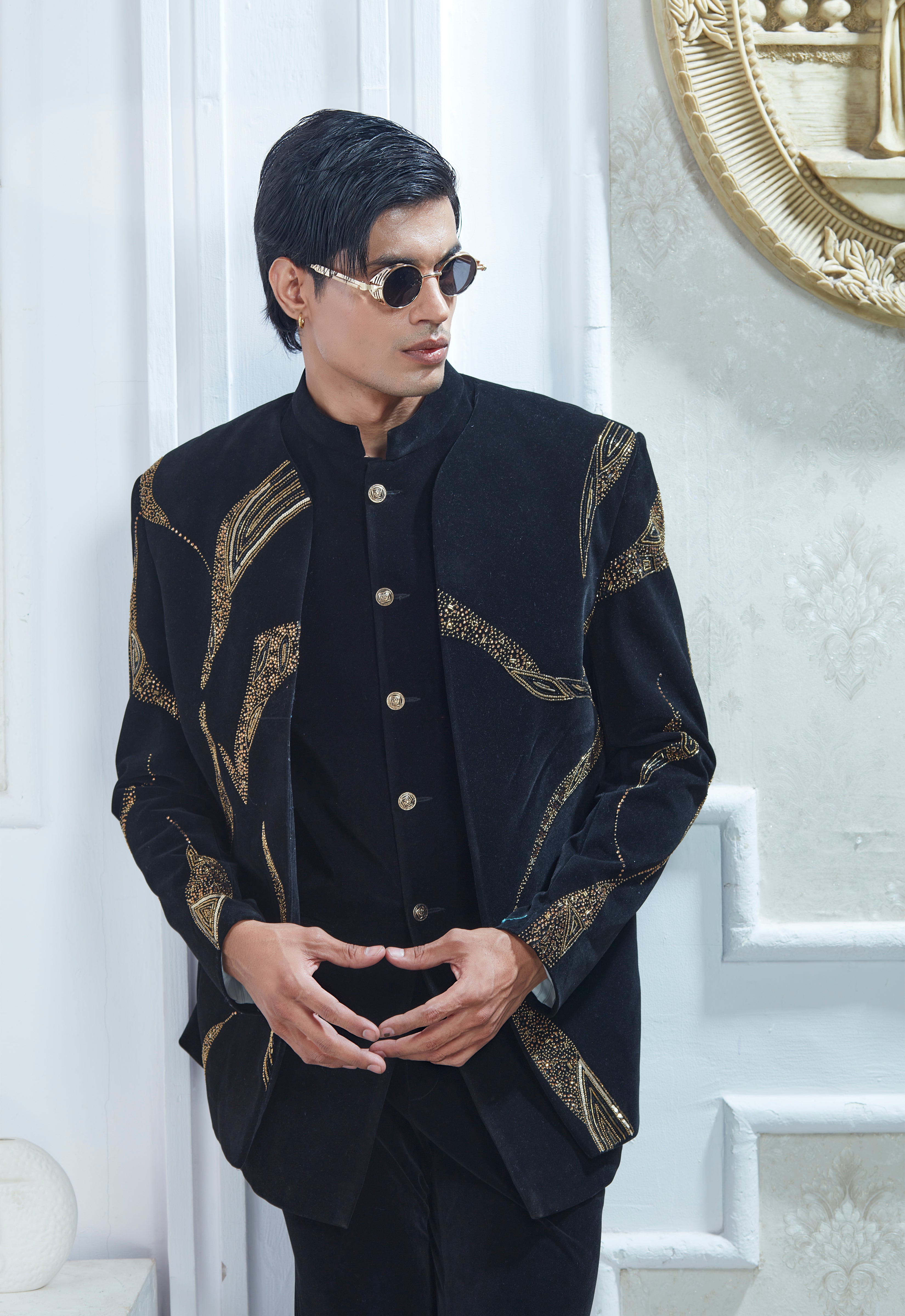 Embroidered Black Velvet Indowestern Set