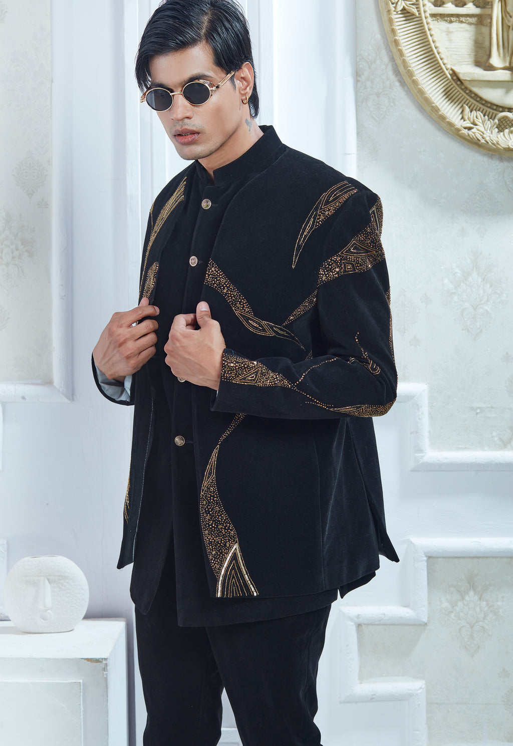 Embroidered Black Velvet Indowestern Set