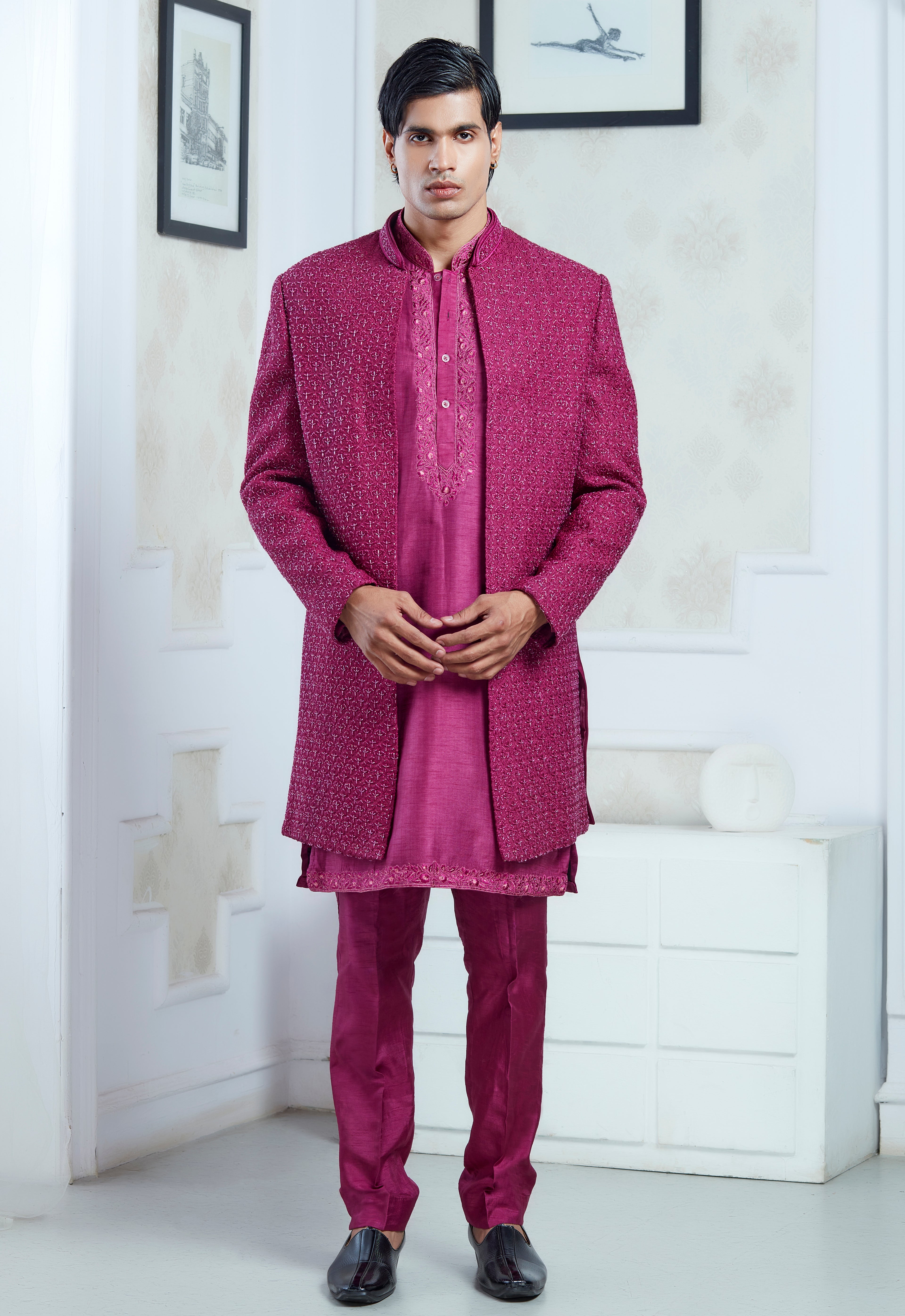 Pink Silk Embroidered Open Jacket Indowestern Set