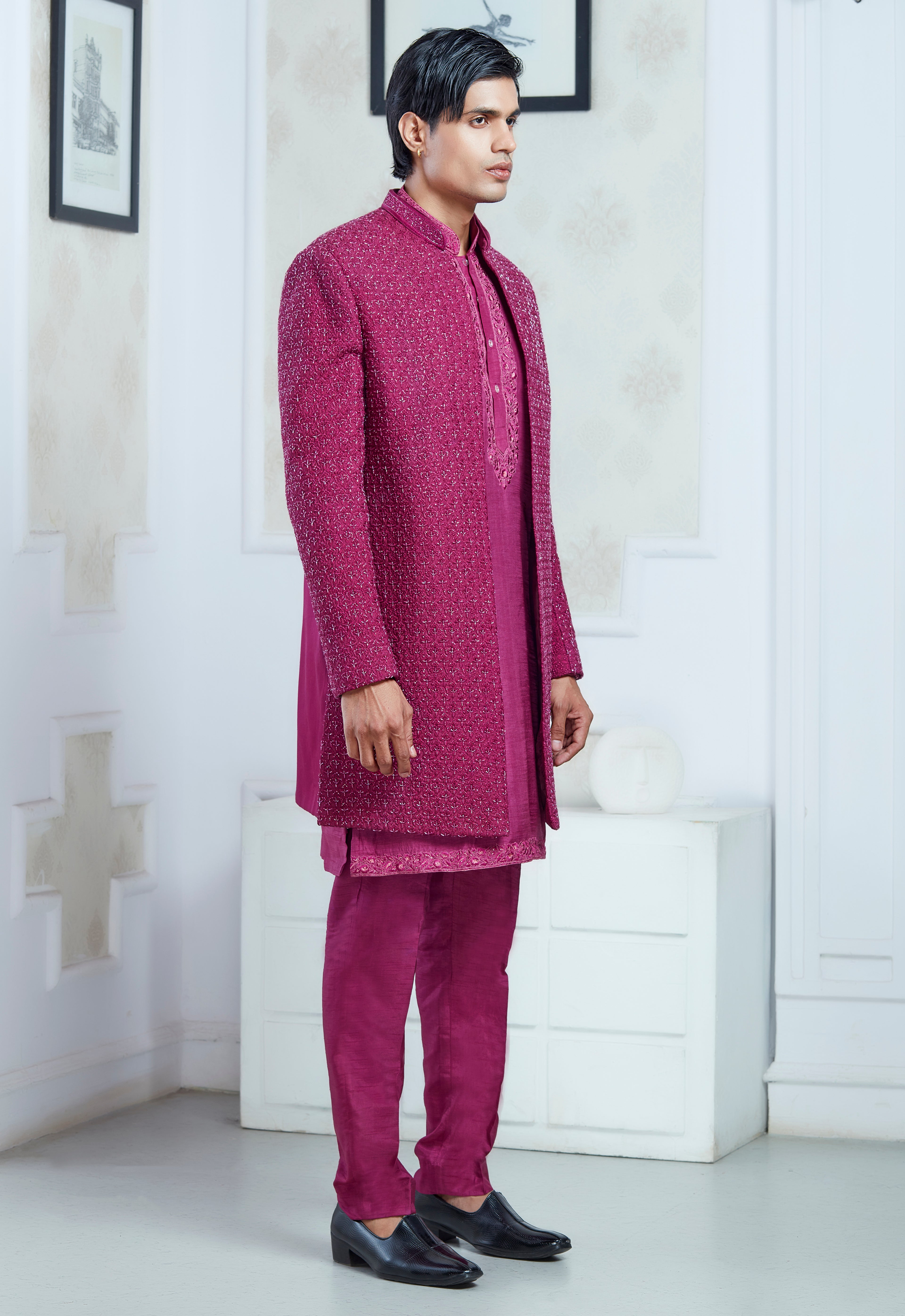 Pink Silk Embroidered Open Jacket Indowestern Set