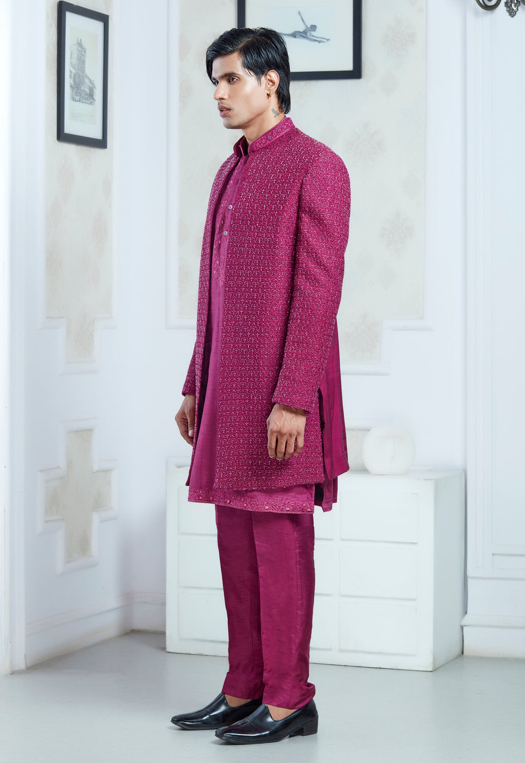 Pink Silk Embroidered Open Jacket Indowestern Set