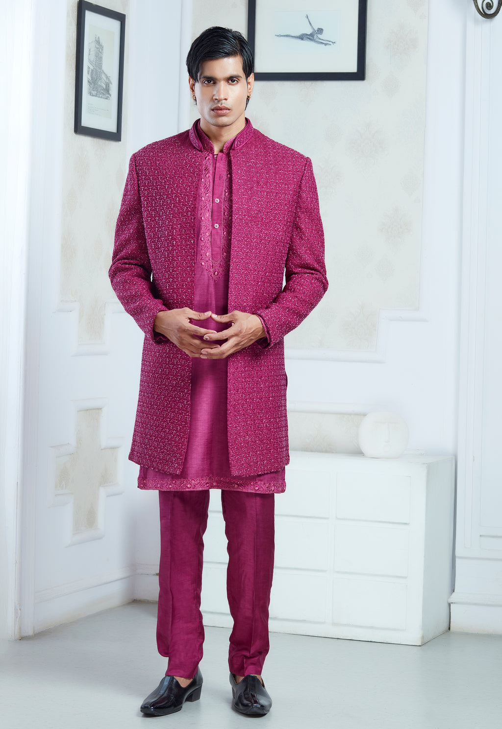 Pink Silk Embroidered Open Jacket Indowestern Set