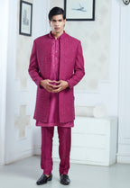 Pink Silk Embroidered Open Jacket Indowestern Set