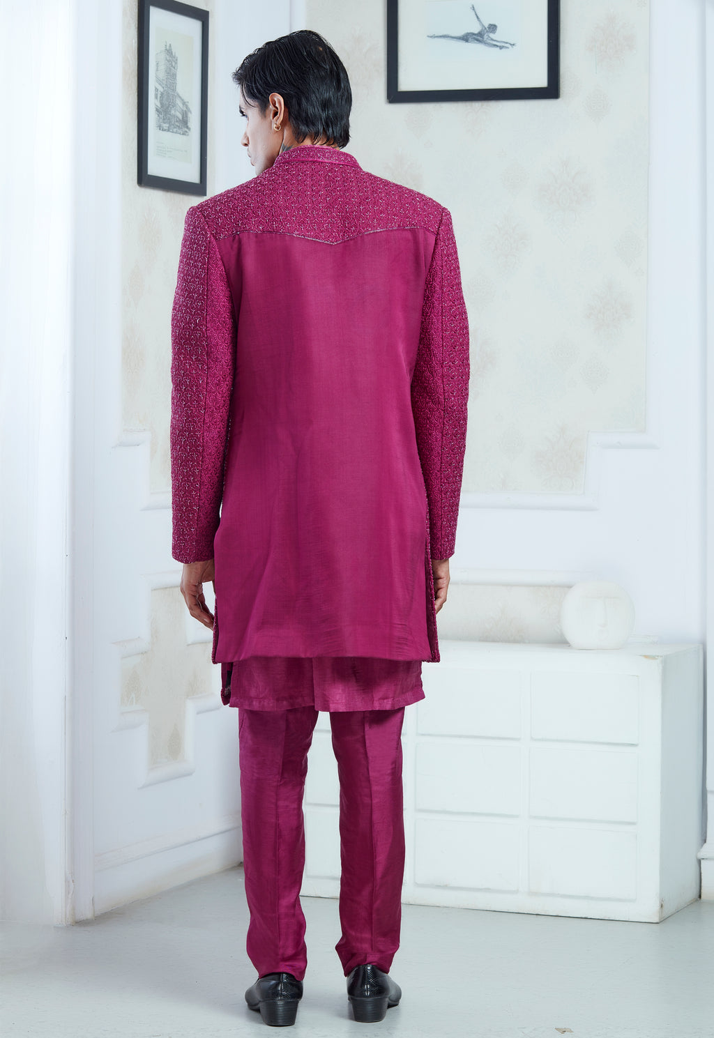 Pink Silk Embroidered Open Jacket Indowestern Set