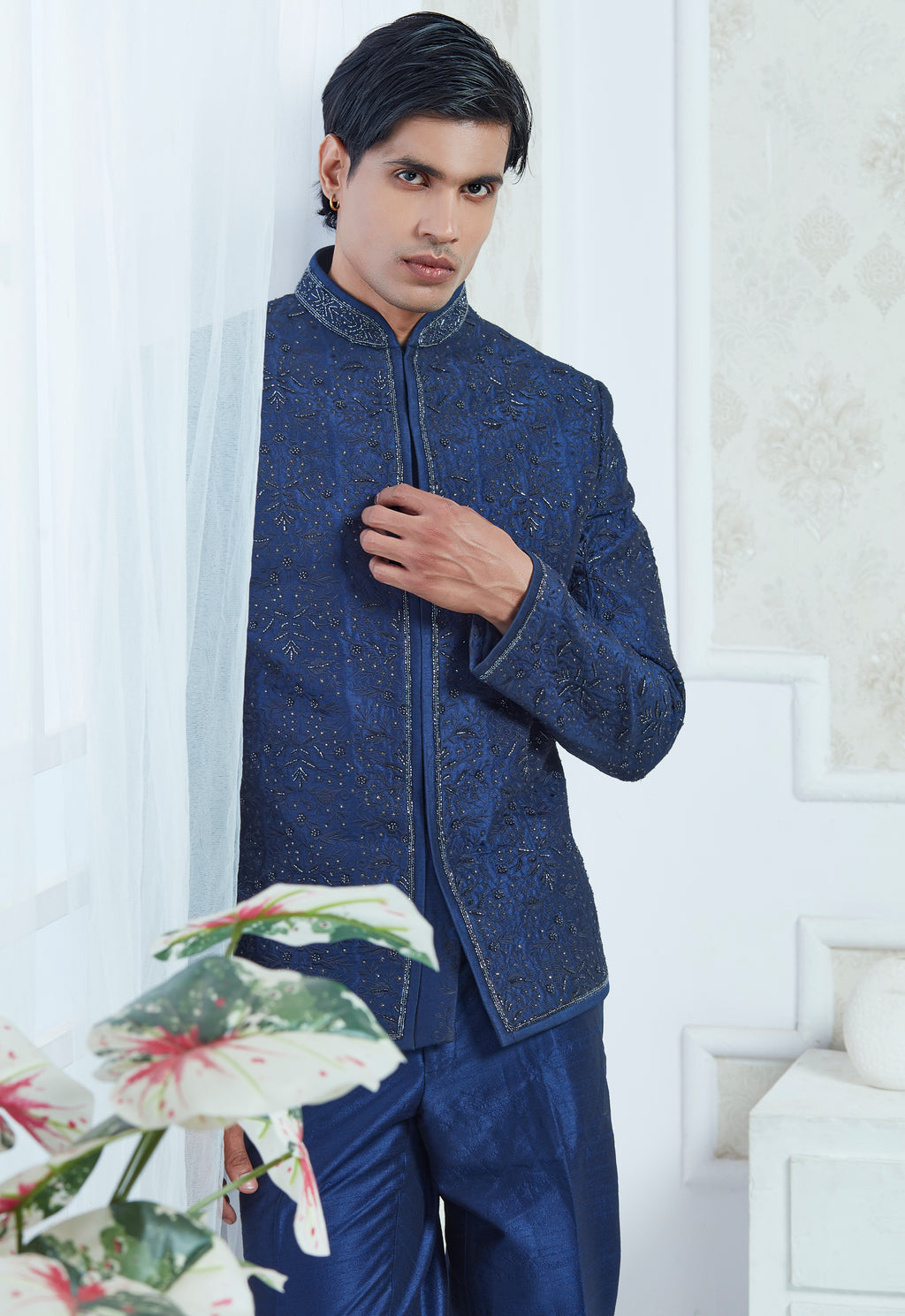 Blue Silk Embroidered Jodhpuri Set