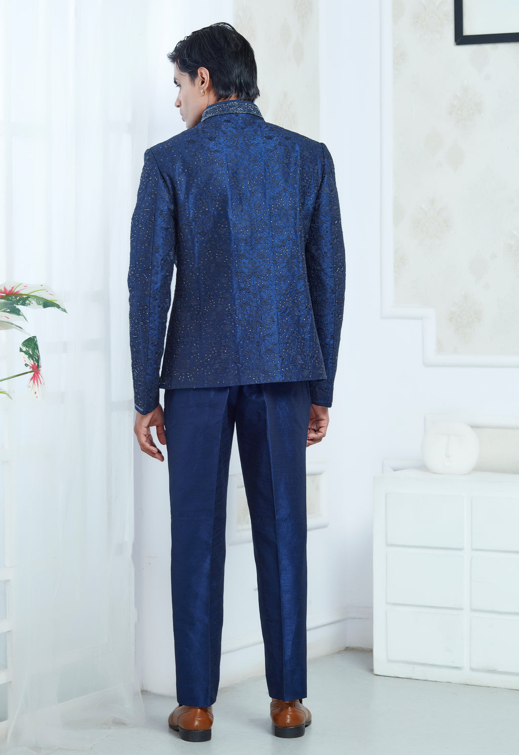 Blue Silk Embroidered Jodhpuri Set
