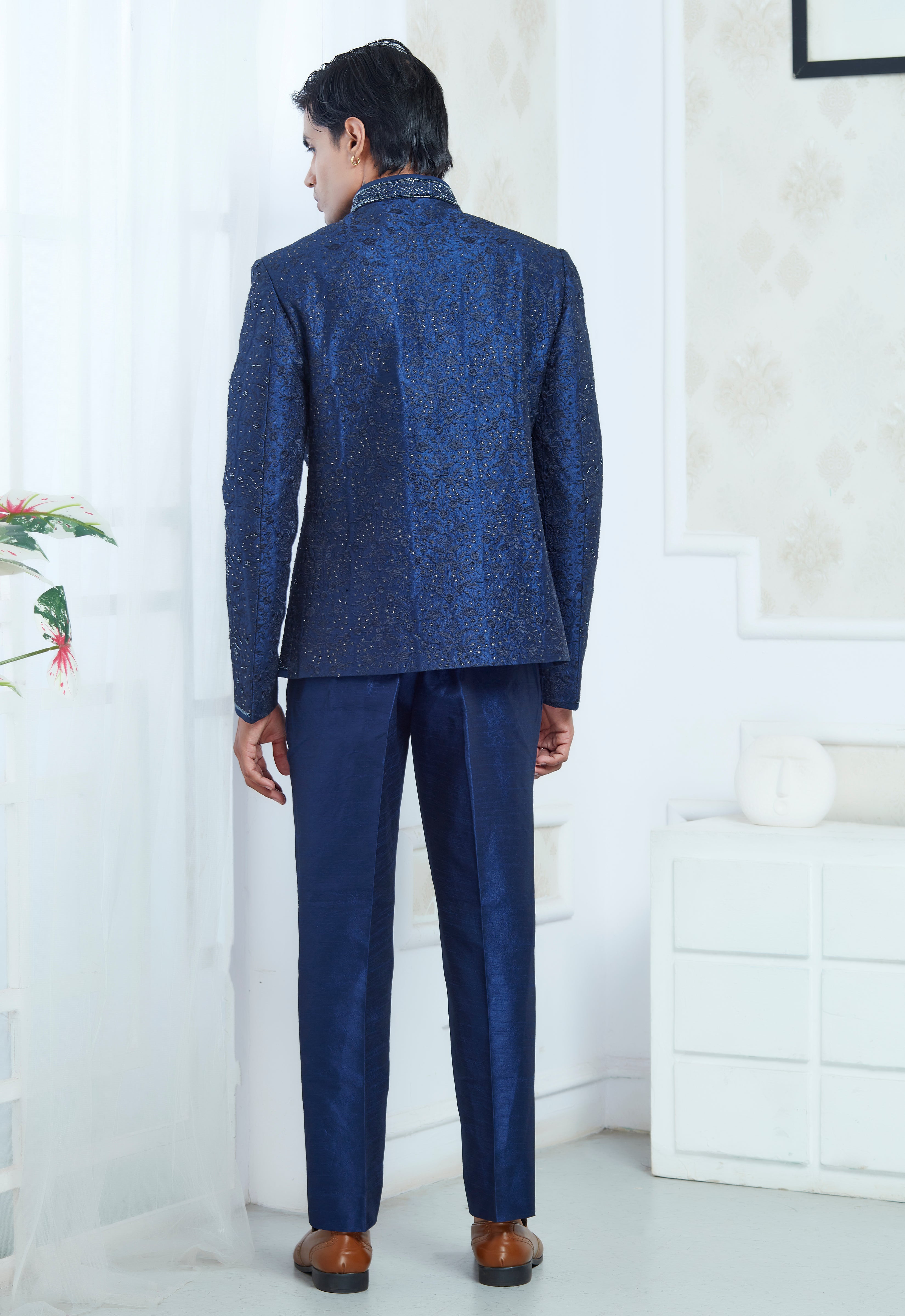 Blue Silk Embroidered Jodhpuri Set