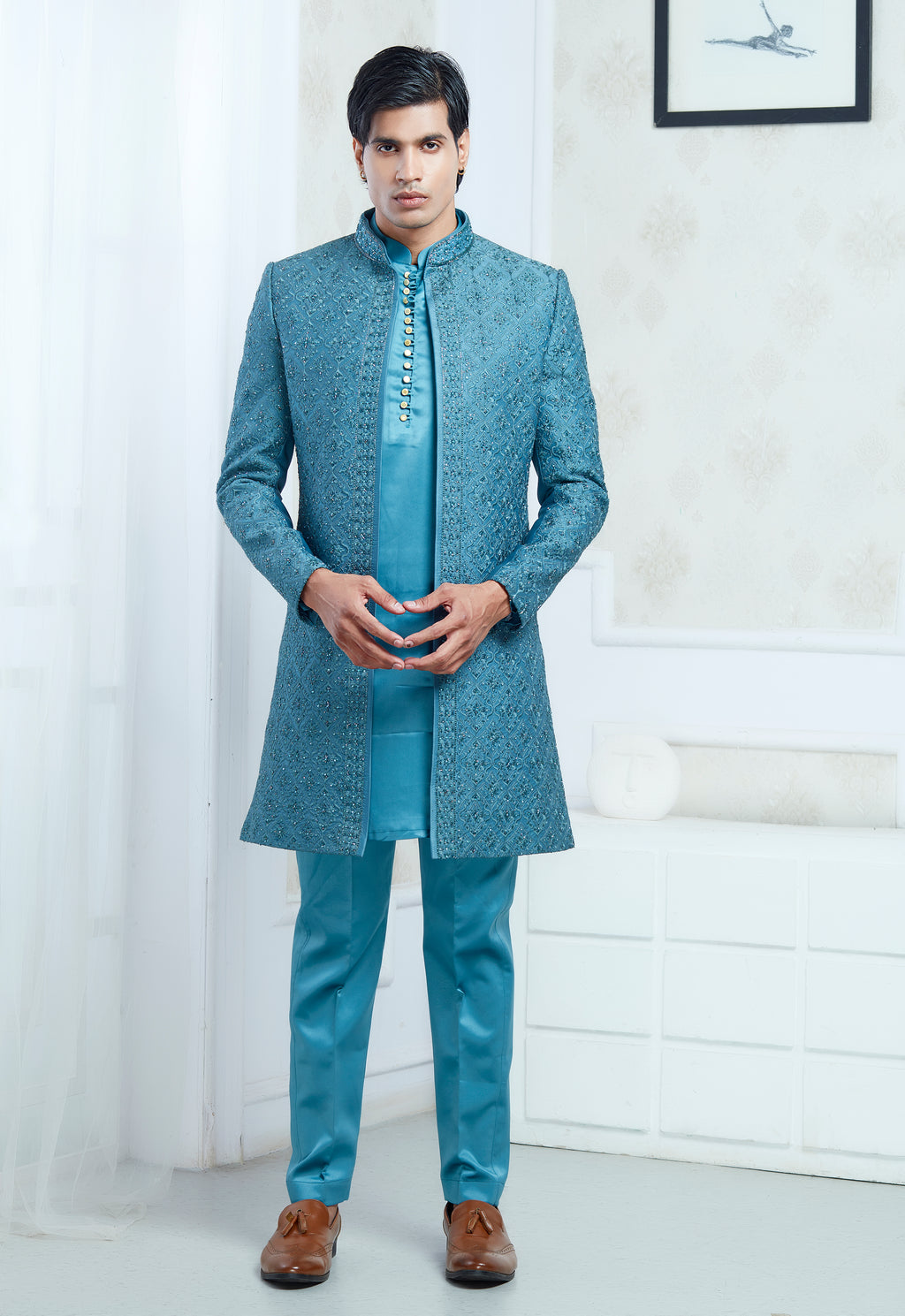 Green Satin Silk Embroidered Indowestern Set