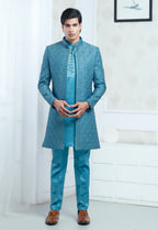 Green Satin Silk Embroidered Indowestern Set