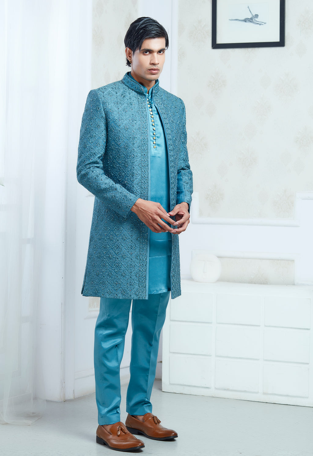 Green Satin Silk Embroidered Indowestern Set