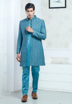 Green Satin Silk Embroidered Indowestern Set