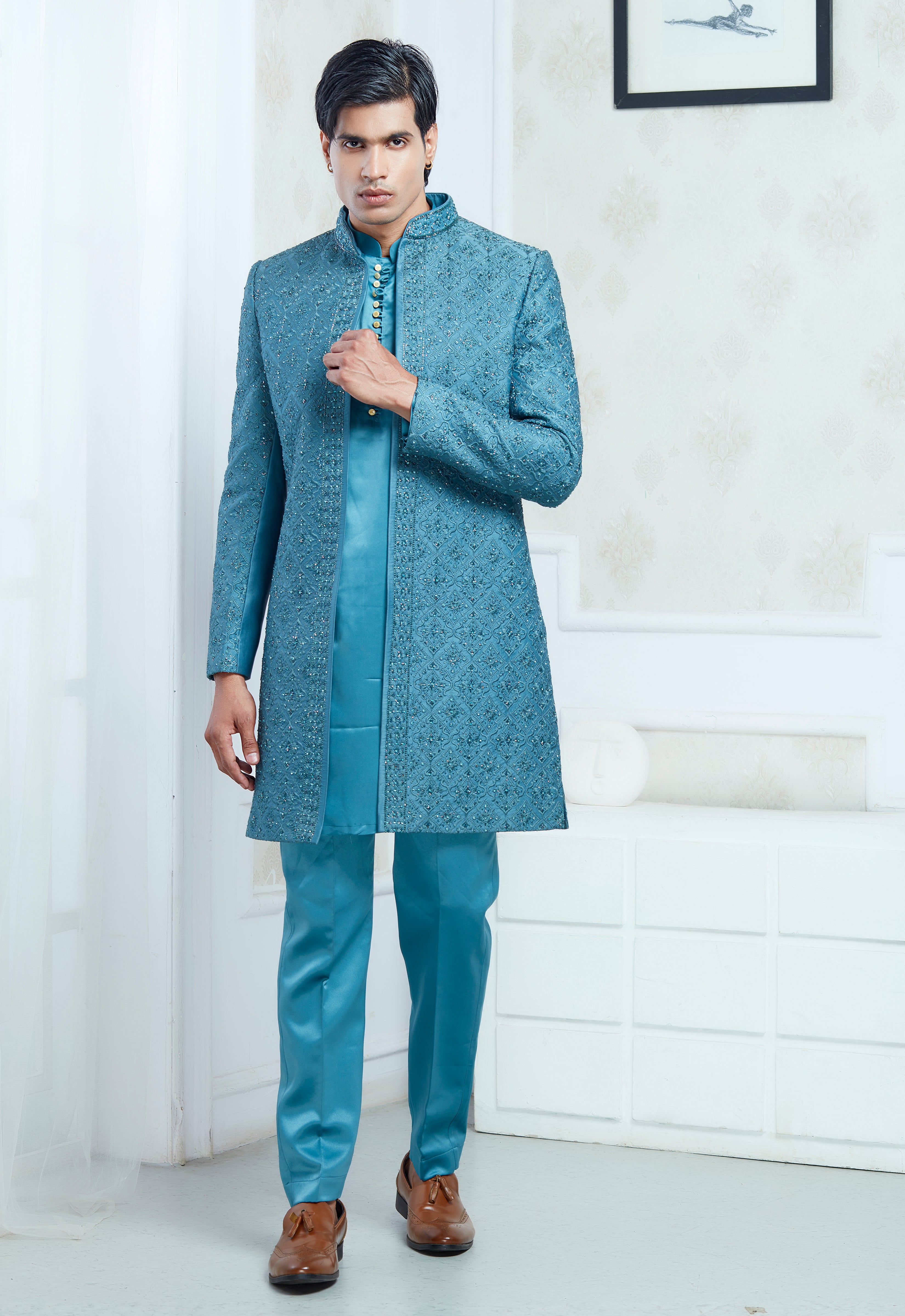 Green Satin Silk Embroidered Indowestern Set