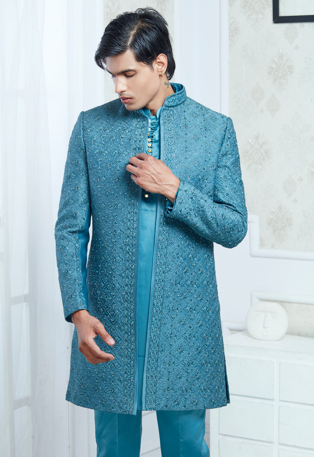 Green Satin Silk Embroidered Indowestern Set