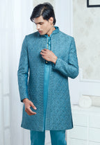 Green Satin Silk Embroidered Indowestern Set