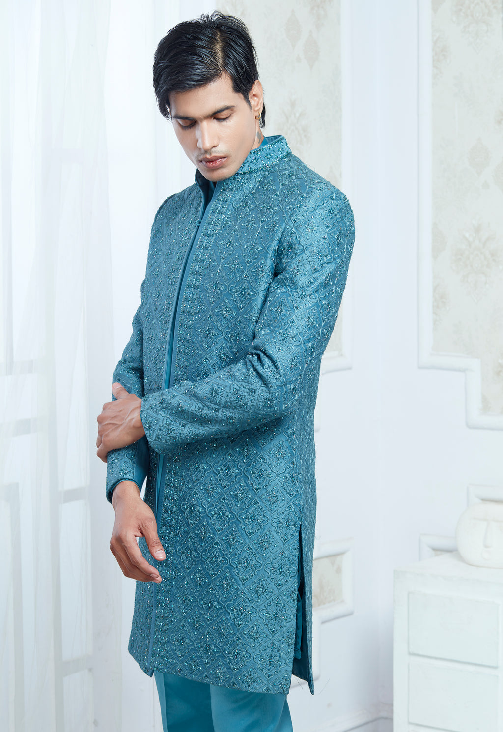 Green Satin Silk Embroidered Indowestern Set