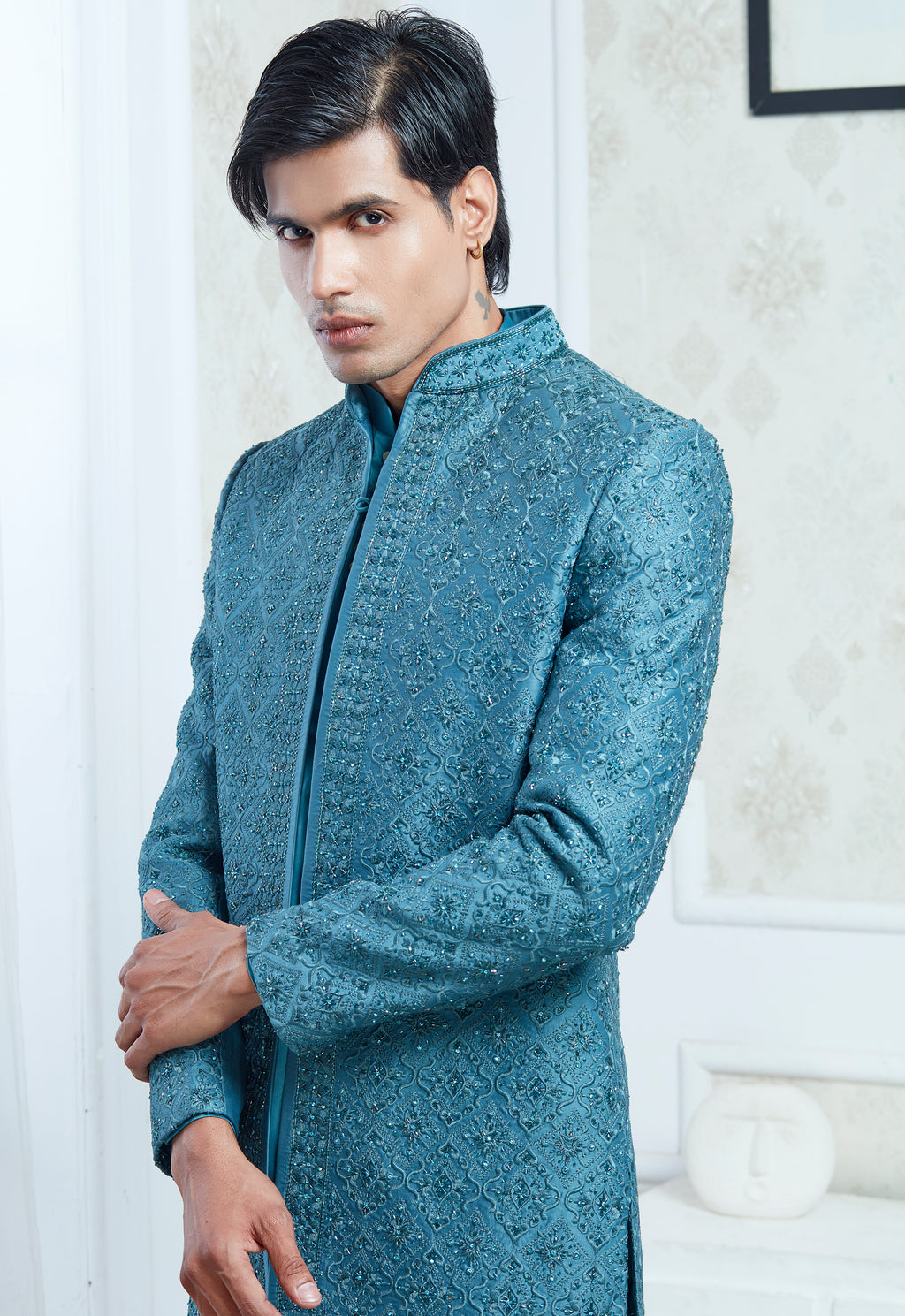 Green Satin Silk Embroidered Indowestern Set