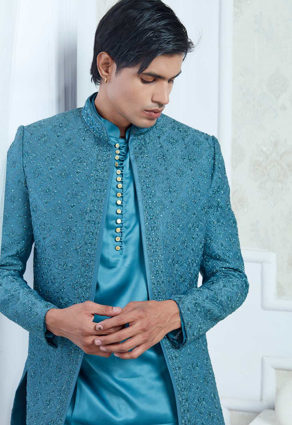 Green Satin Silk Embroidered Indowestern Set