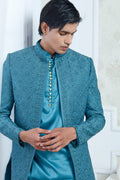 Green Satin Silk Embroidered Indowestern Set