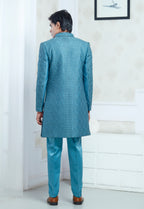 Green Satin Silk Embroidered Indowestern Set