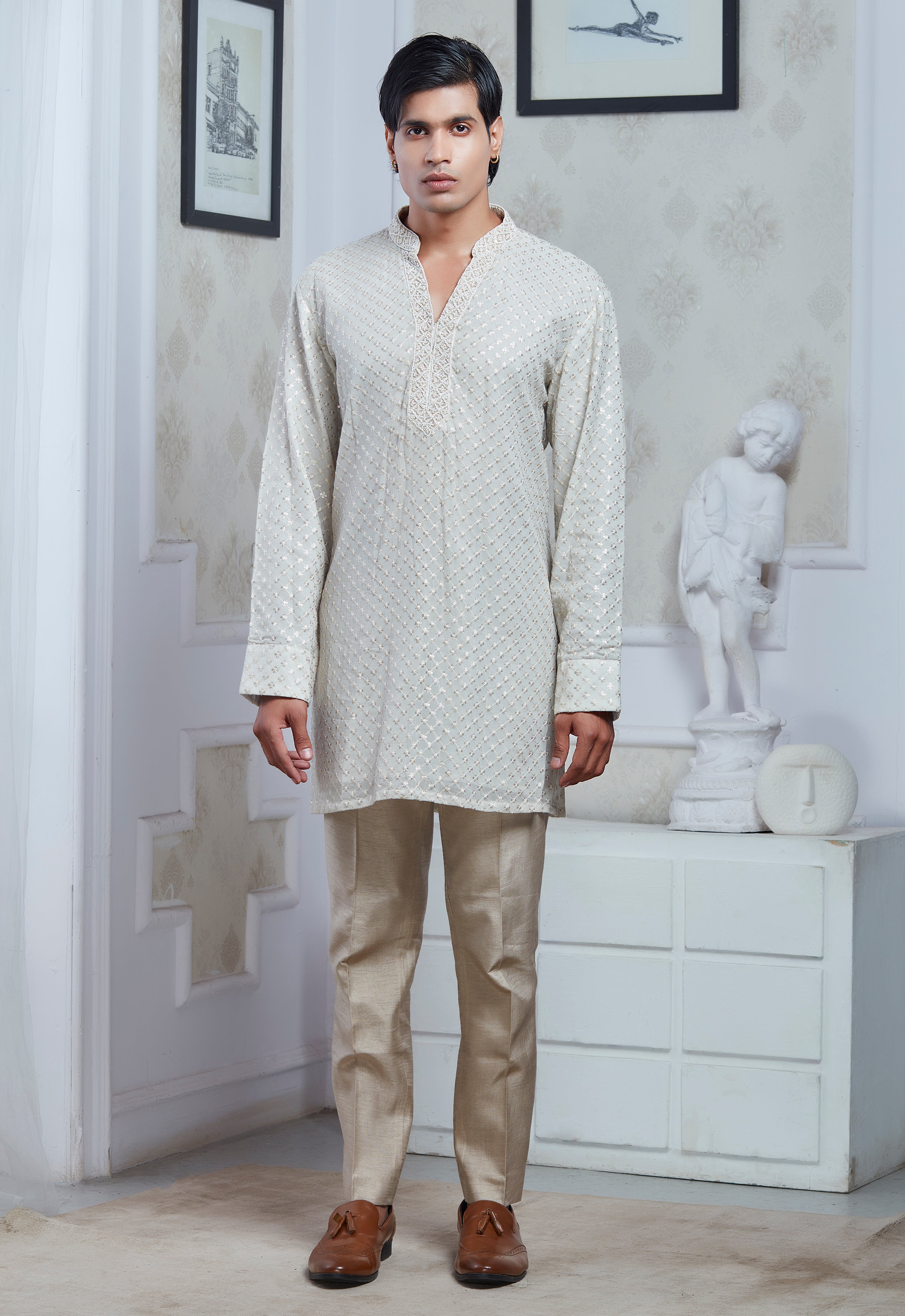 Champagne Velvet Embroidered Indowestern Set